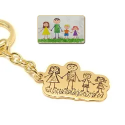 Brass key ring with engraving of a children's painting, steel ring