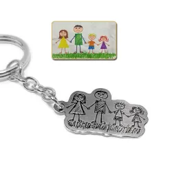 Nickel silver key ring with engraving of a children's painting, steel ring