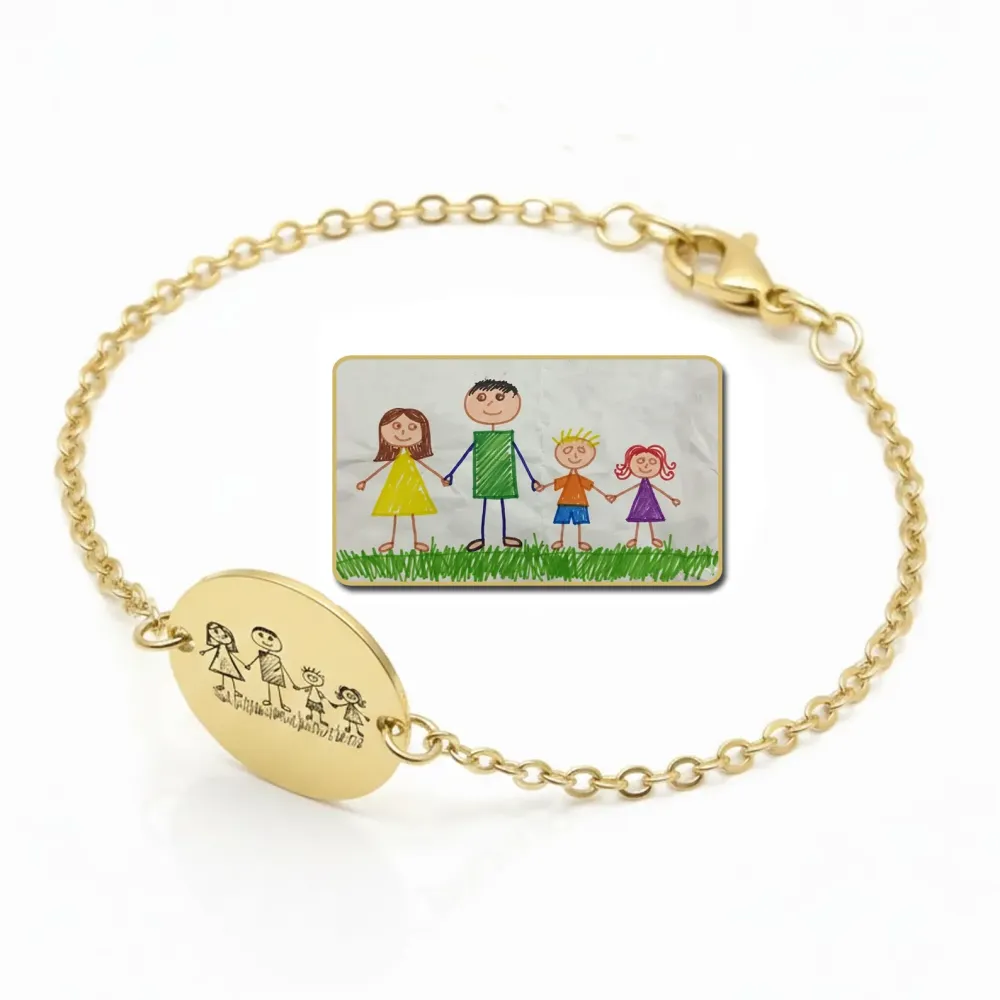 Silver gold plated bracelet with engraving of children's drawing, stainless steel chain
