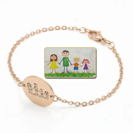 Silver rose gold plated bracelet with engraving of children's drawing, stainless steel chain