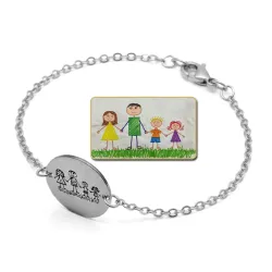 Nickel silver bracelet with engraving of a children's painting, stainless steel chain