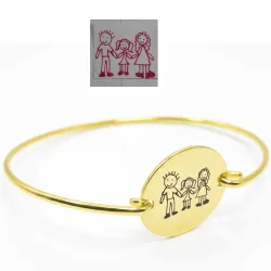 Silver gold plated handcuff bracelet with engraving of a children's drawing