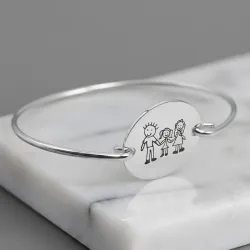 Silver platinum plated handcuff bracelet with engraving of a children's drawing