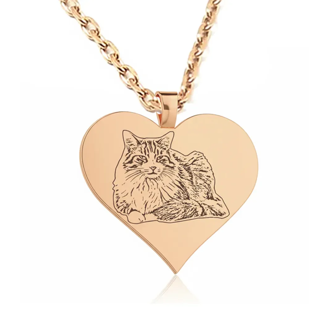 Ασημένιο ροζ επιχρυσωμένο κολιέ με χάραξη φωτογραφίας σε καρδιά, ατσάλινη αλυσίδα