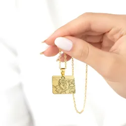 Silver gold plated rectangular pendant with photo engraving, stainless steel chain + date on the back