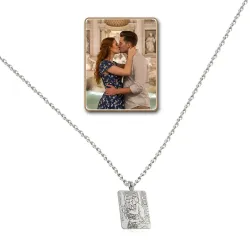 Silver platinum plated rectangular pendant with photo engraving, stainless steel chain + date on the back