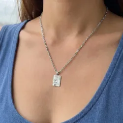 Silver platinum plated rectangular pendant with photo engraving, stainless steel chain + date on the back