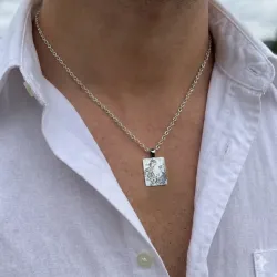 Nickel silver rectangle pendant with photo engraving, stainless steel chain + date on the back