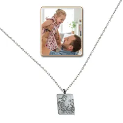 Nickel silver rectangle pendant with photo engraving, stainless steel chain + date on the back