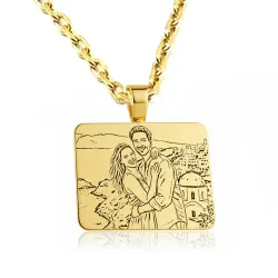 Silver gold plated rectangular pendant with photo engraving, stainless steel chain + date on the back