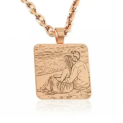 Silver rose gold plated rectangular pendant with photo engraving, stainless steel chain + date on the back