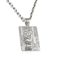 Silver platinum plated rectangular pendant with photo engraving, stainless steel chain + date on the back