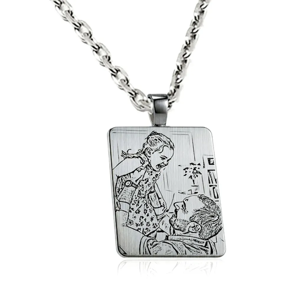 Nickel silver rectangle pendant with photo engraving, stainless steel chain + date on the back