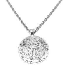 Silver platinum plated pendant disc with photo engraving, stainless steel chain + date on the back