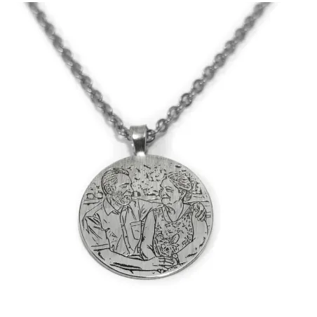 Nickel silver disc pendant with photo engraving, stainless steel chain + date on the back