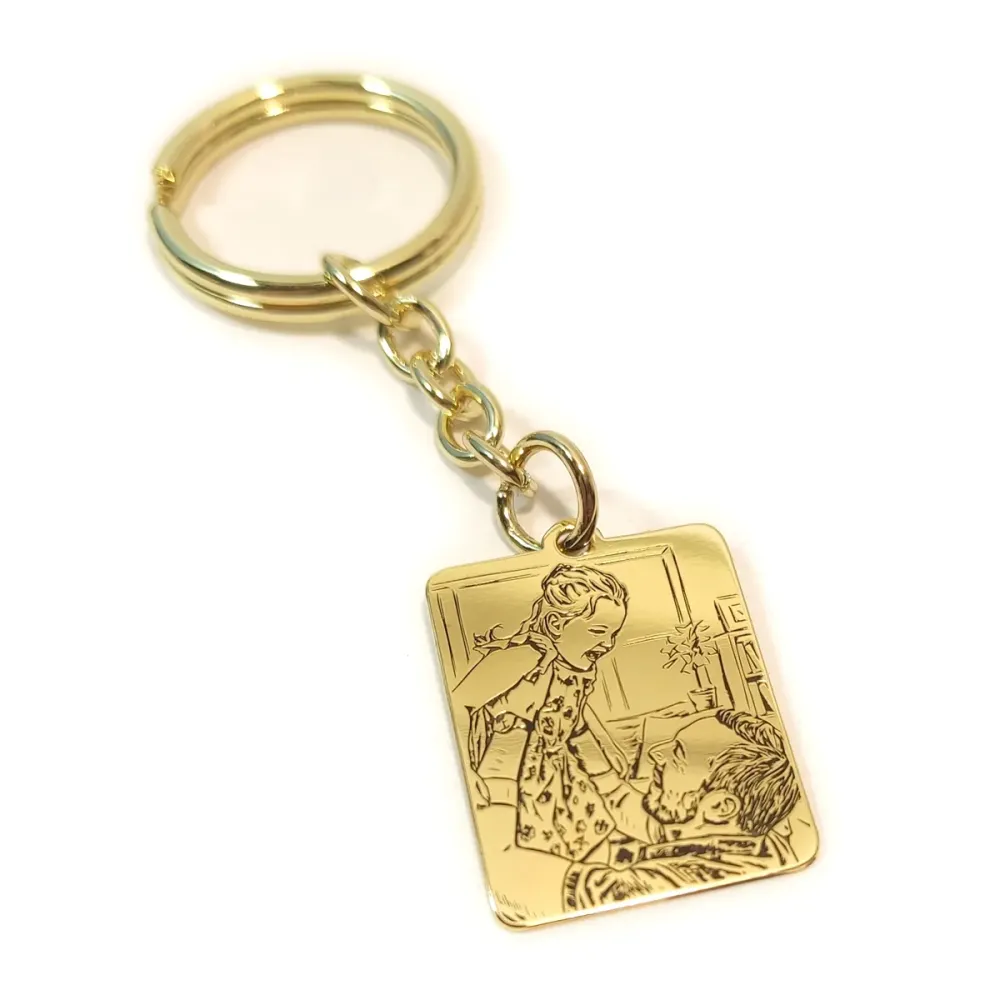 Key ring with photo engraving on brass tag, steel ring
