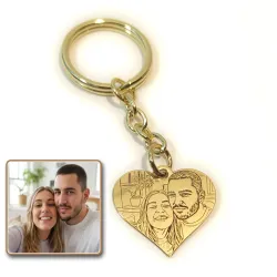Key ring with photo engraving on brass heart, steel ring