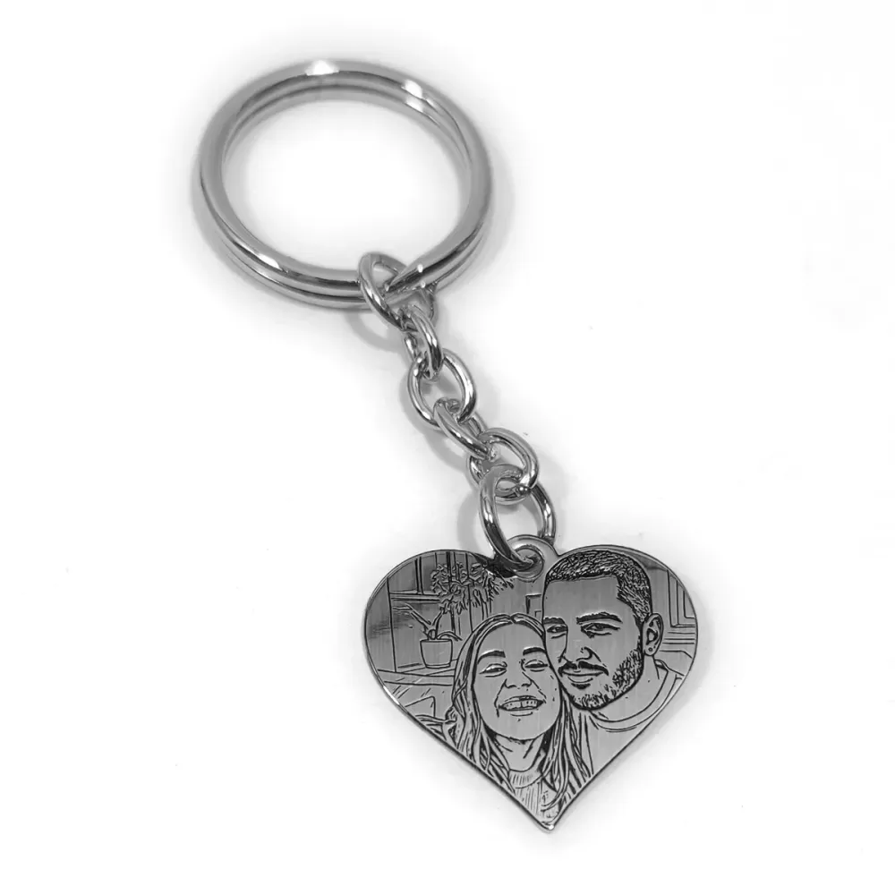 Key ring with photo engraving on nickel silver heart, steel ring