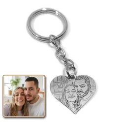 Key ring with photo engraving on sterling silver heart, steel ring