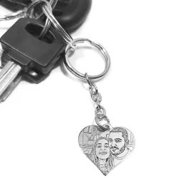 Key ring with photo engraving on sterling silver heart, steel ring