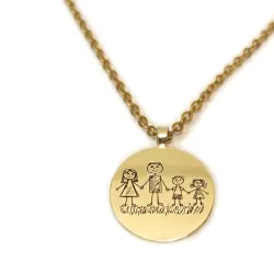 Silver gold plated disc pendant with engraving of a children's painting, stainless steel chain