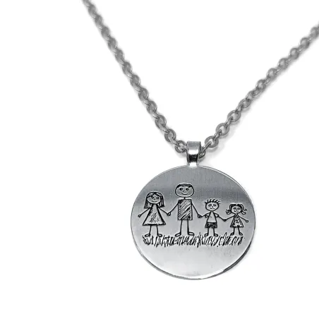 Circle pendant made of Nickel silver with engraving of a children's painting, stainless steel chain