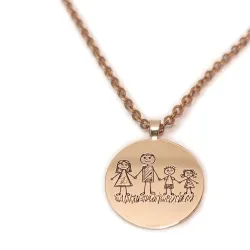 Silver rose gold plated disc pendant with engraving of children's drawing, stainless steel chain