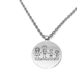Silver platinum plated disc pendant with engraving of children's painting, stainless steel chain