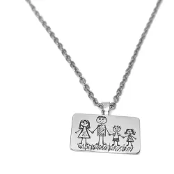 Silver platinum plated rectangle pendant with engraving of a children's painting, stainless steel chain