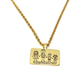 Silver gold plated rectangle pendant with engraving of a children's painting, stainless steel chain