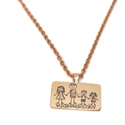 Silver rose gold plated rectangle pendant with engraving of a children's painting, stainless steel chain