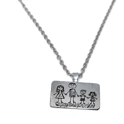 Rectangle pendant made of Nickel silver with engraving of a children's painting, stainless steel chain