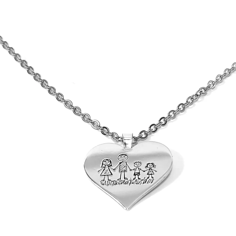 Silver platinum plated heart pendant with engraving of a children's painting, stainless steel chain