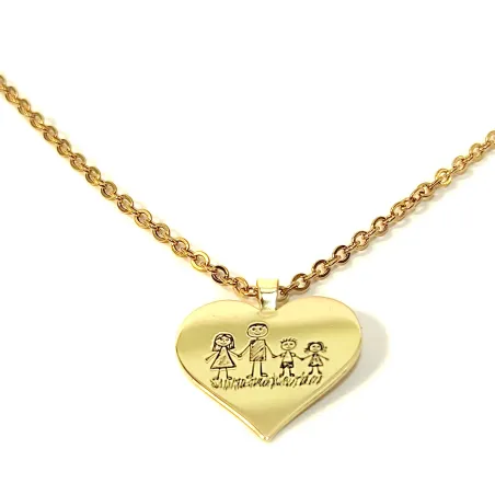 Silver gold plated heart pendant with engraving of a children's painting, stainless steel chain
