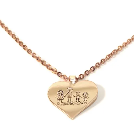 Silver rose gold plated heart pendant with engraving of a children's painting, stainless steel chain