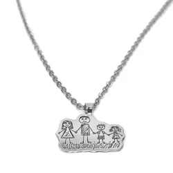 Silver platinum plated pendant with engraving of a children's painting, stainless steel chain