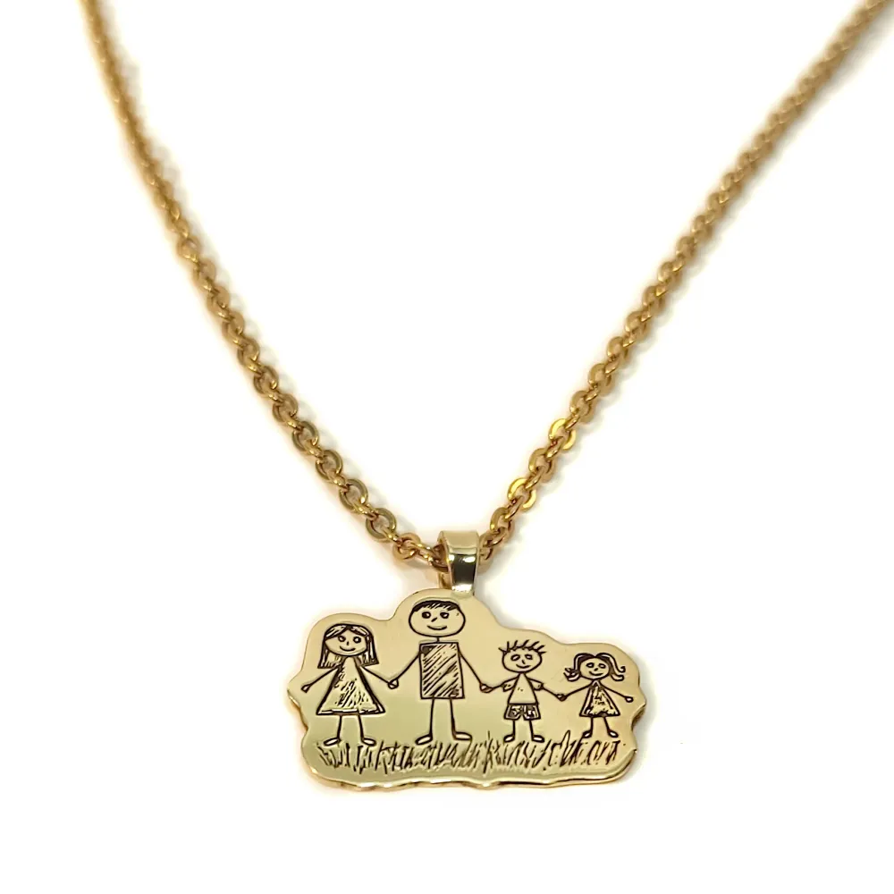 Silver gold plated pendant with engraving of a children's painting, stainless steel chain