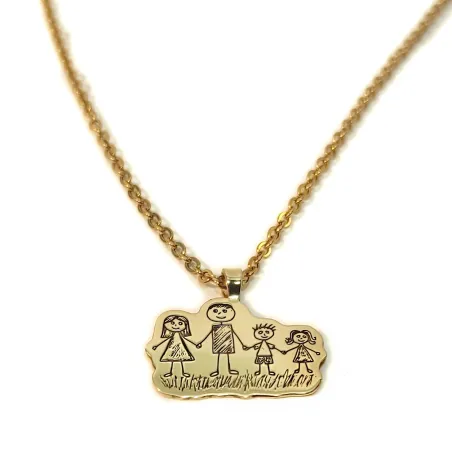 Silver gold plated pendant with engraving of a children's painting, stainless steel chain