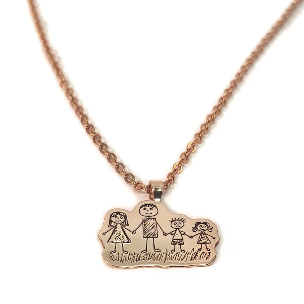 Silver rose gold plated pendant with engraving of a children's painting, stainless steel chain