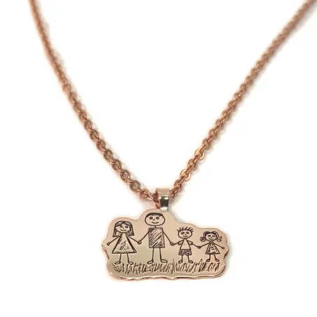 Silver rose gold plated pendant with engraving of a children's painting, stainless steel chain