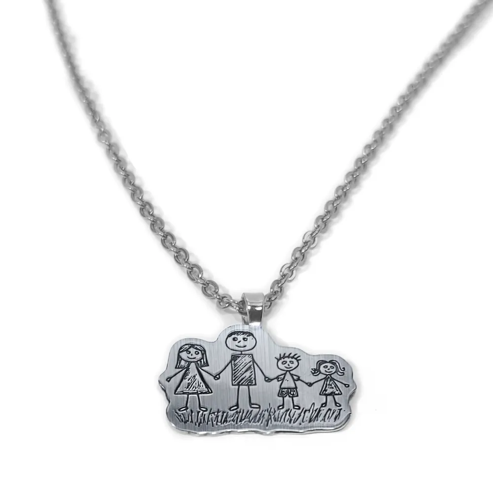 Pendant made of Nickel silver with engraving of a children's painting, stainless steel chain