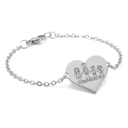 Silver platinum plated bracelet with engraving of children's drawing, stainless steel chain