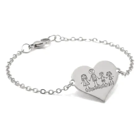 Silver platinum plated bracelet with engraving of children's drawing, stainless steel chain