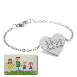 Silver platinum plated bracelet with engraving of children's drawing, stainless steel chain