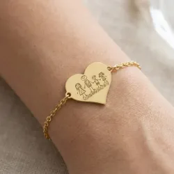 Silver gold plated bracelet with engraving of children's drawing, stainless steel chain