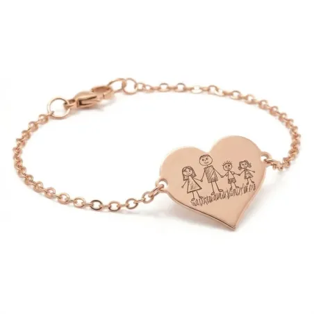 Silver rose gold plated bracelet with engraving of children's drawing, stainless steel chain