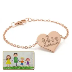 Silver rose gold plated bracelet with engraving of children's drawing, stainless steel chain