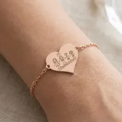 Silver rose gold plated bracelet with engraving of children's drawing, stainless steel chain