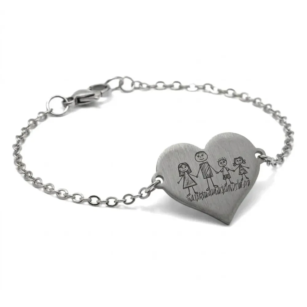 Nickel silver bracelet with engraving of a children's painting, stainless steel chain