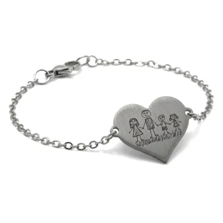 Nickel silver bracelet with engraving of a children's painting, stainless steel chain